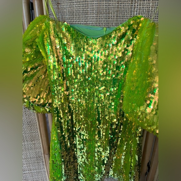 RHODE Dali sequin off the shoulder puff sleeves party dress chartreuse - Picture 4 of 7